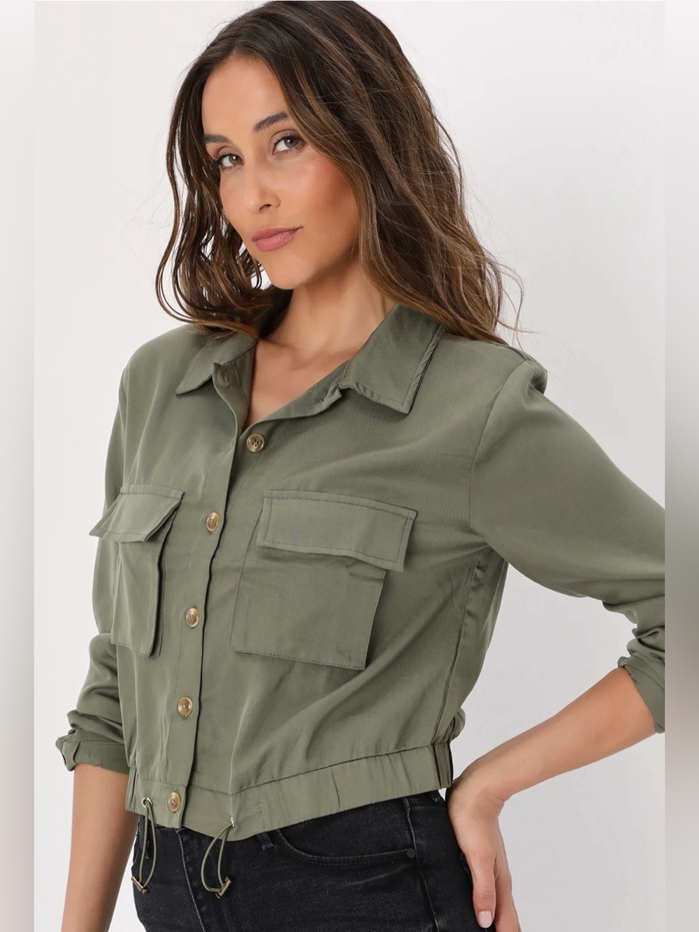 Lulus- Eldora’s Cropped Utility Jacket with Drawstring Hem- S